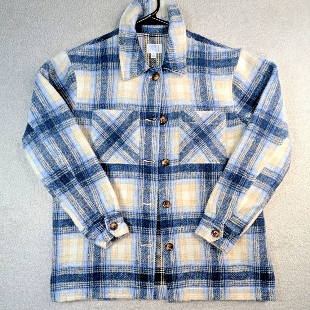 Time And Tru Plaid Flannel Button Shacket Blue Cream White Womens Jacket Medium